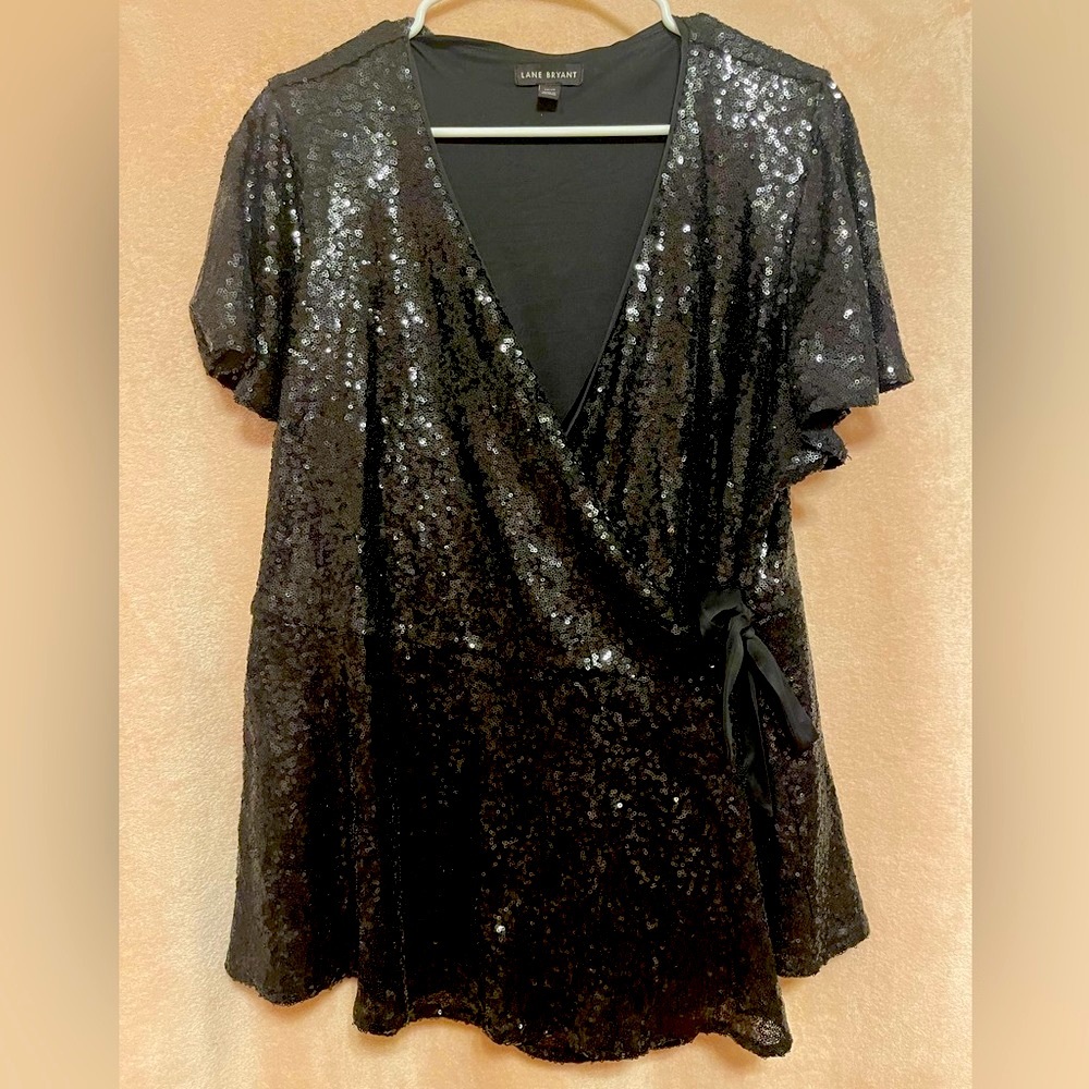EUC Lane Bryant Sequin Faux Wrap Blouse.